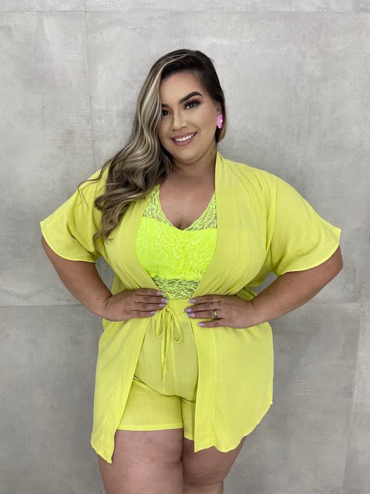 conjunto kimono e short plus size