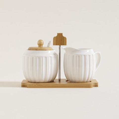 Set azucarera y lechera porcelana y bamboo