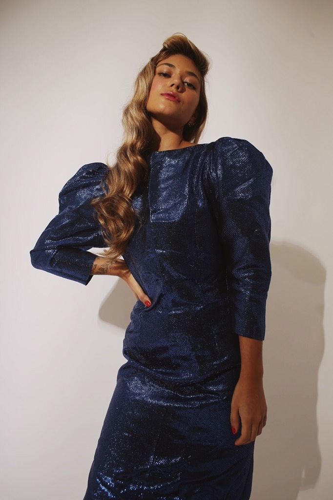 Vestido ombreira mega power vintage original azul (brilho)