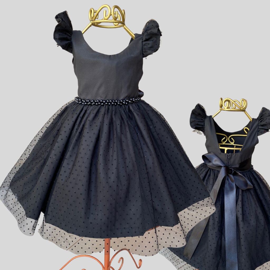 Vestido Infantil Preto com Tule sobre a Saia - Meninas 1 a 10 anos - Preto