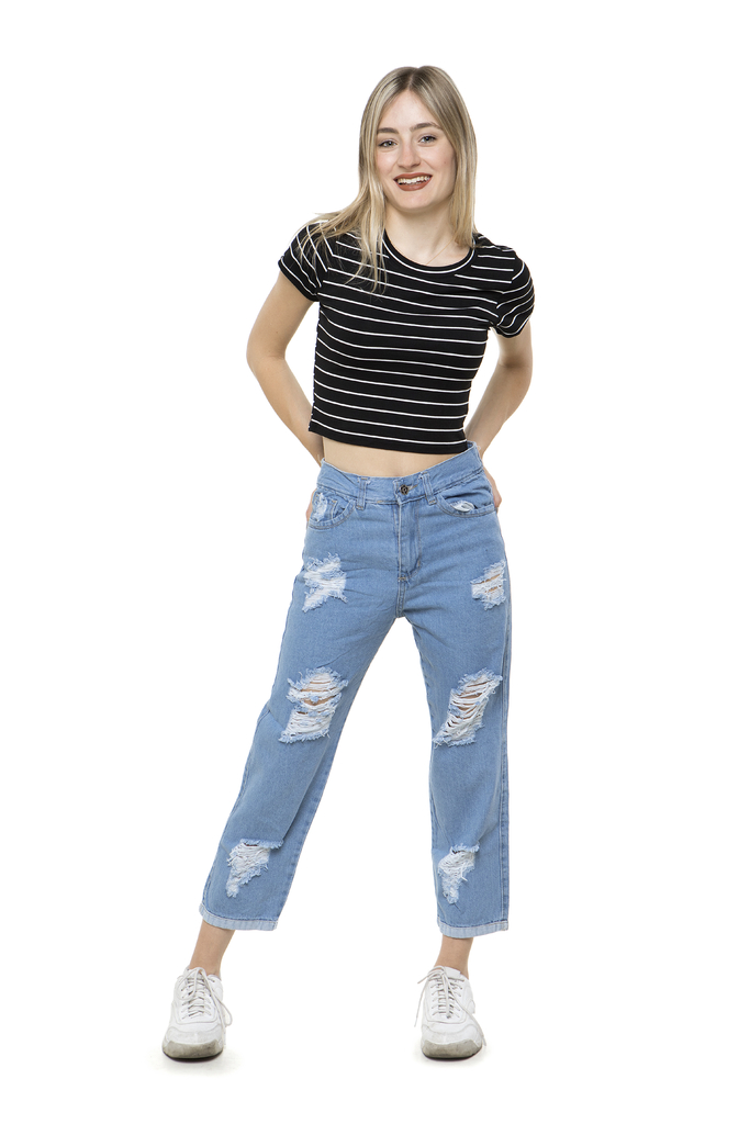 Jean Azul Mom Emily Tiro Alto Ajustados A La Cintura Talles