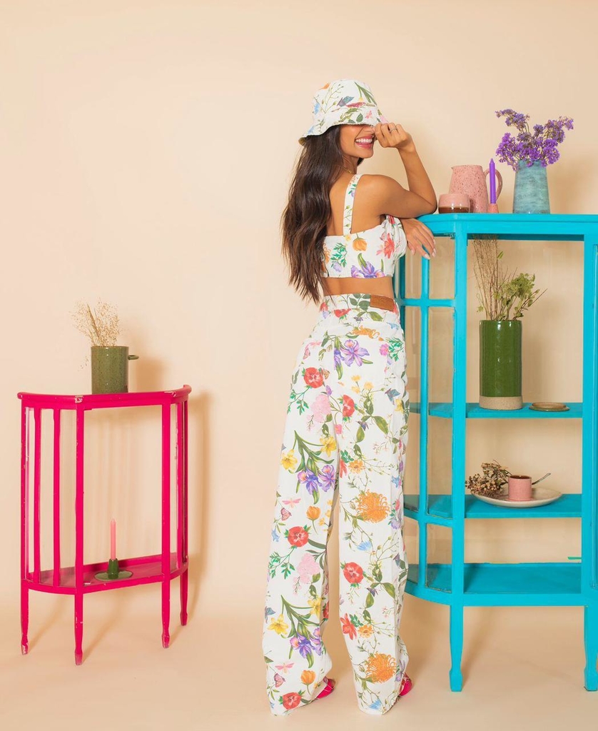 CALÇA WIDE LEG FLORAL ALCANCE JEANS