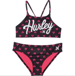 Malla "Hurley" - Bikini negro con corazones y logo blanco