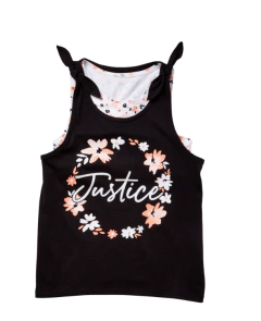 Musculosa "Justice" - Negro logo con brillitos + top blanco con flores