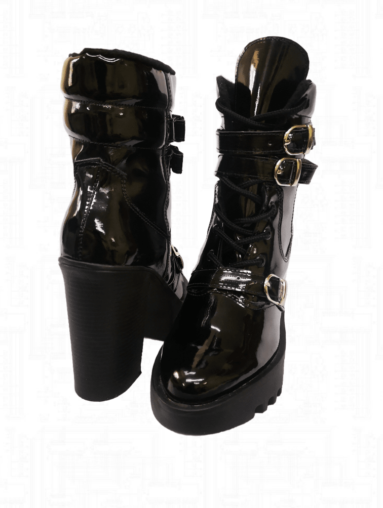 Botines para mujer negros en charol y tacón alto con cordones y corre