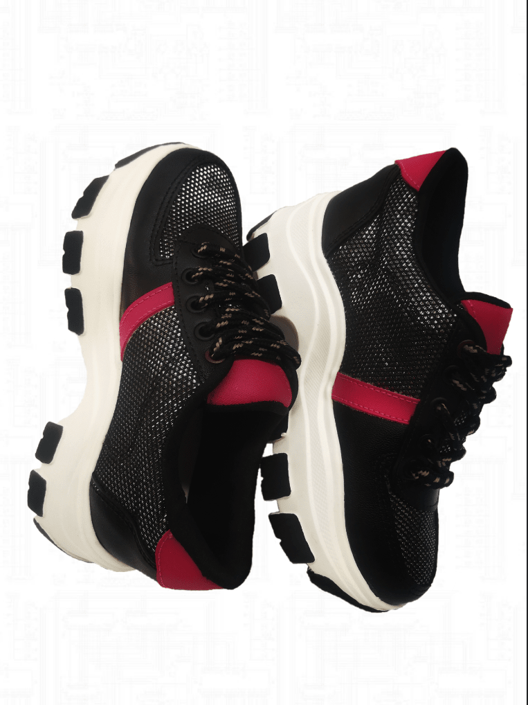 Tenis para niña negros con fucsia suela alta - plataforma