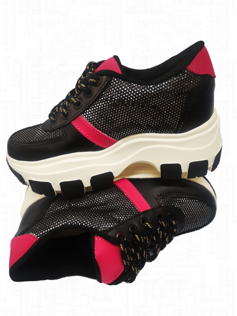 Tenis para niña negros con fucsia suela alta - plataforma