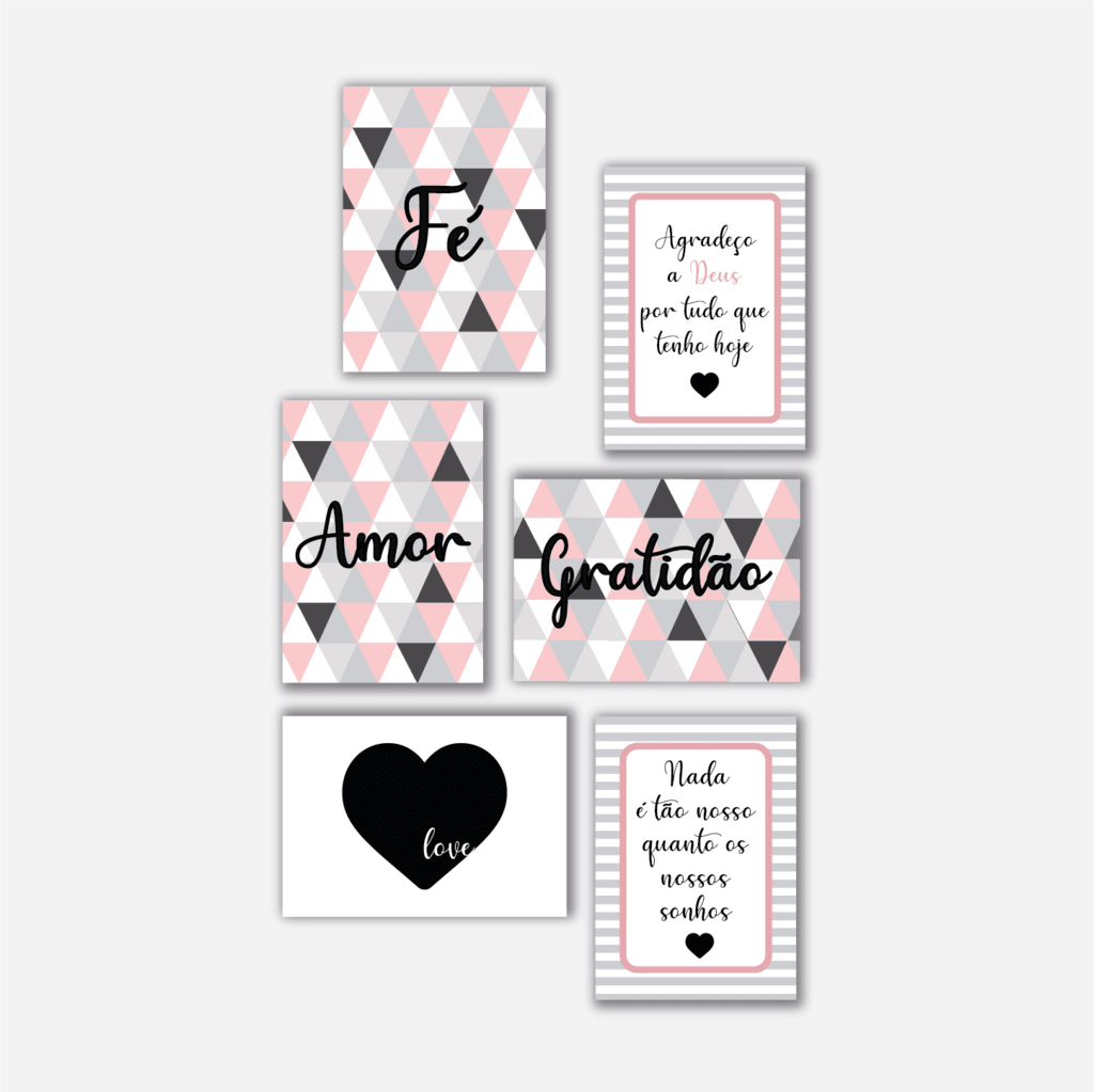 kit 6 Placas Decorativas - Amor Fé Gratidão