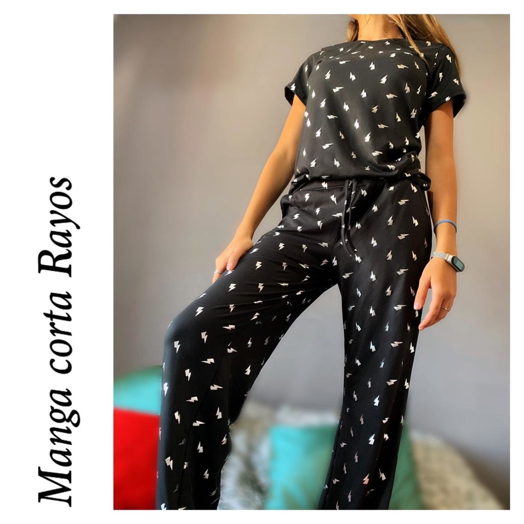 PIJAMA PALAZZO ♥ Negro Rayo manga corta ♥