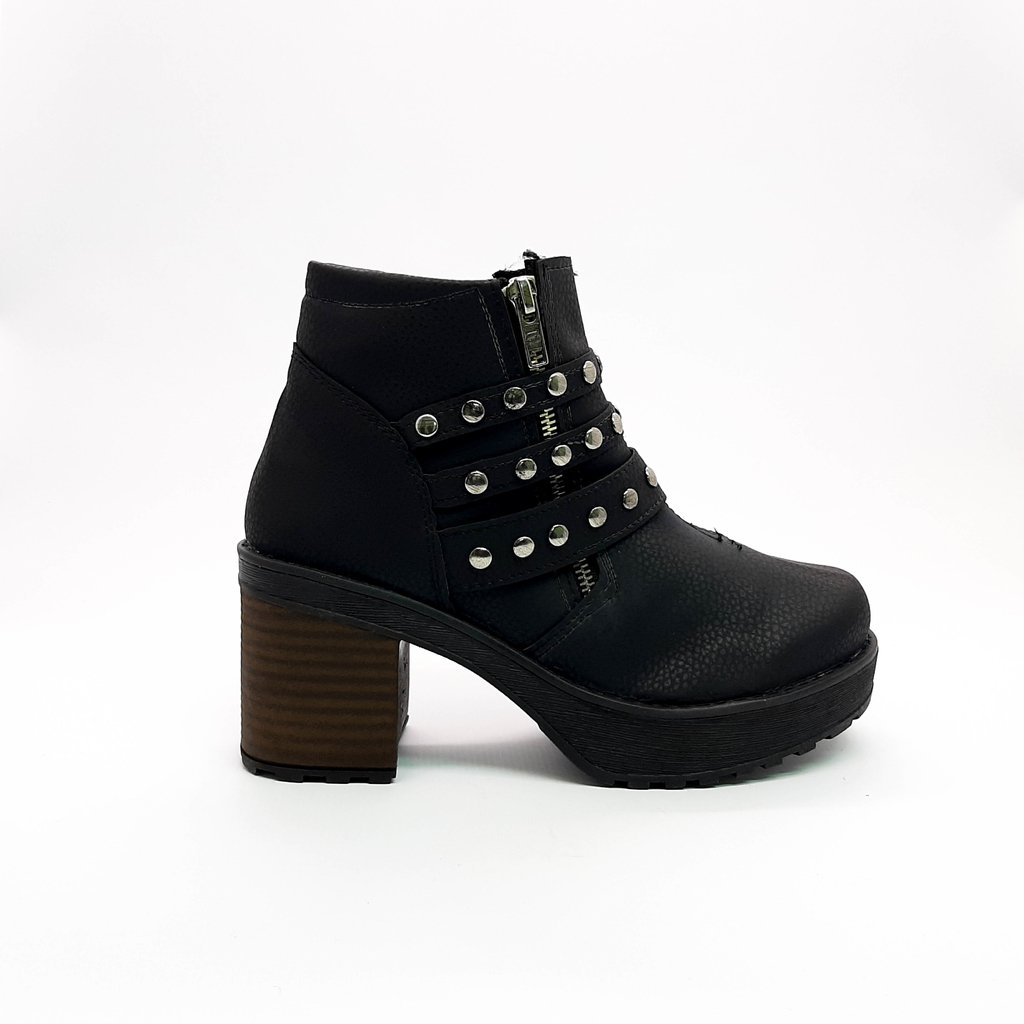 Botineta Taco Alto Foliado 3 tiras tachas