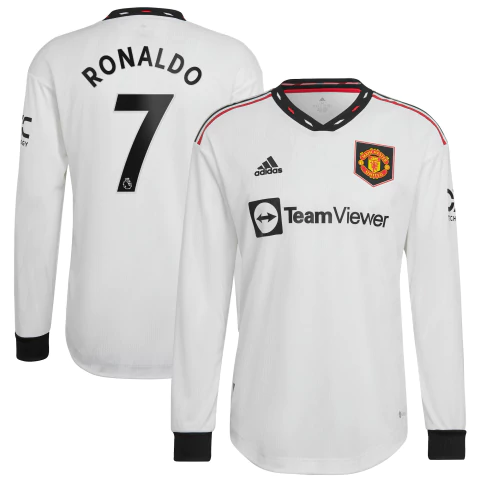 Camisa Manchester United II 2022/23 Jogador Manga Longa (Ronaldo #7) -  Branco