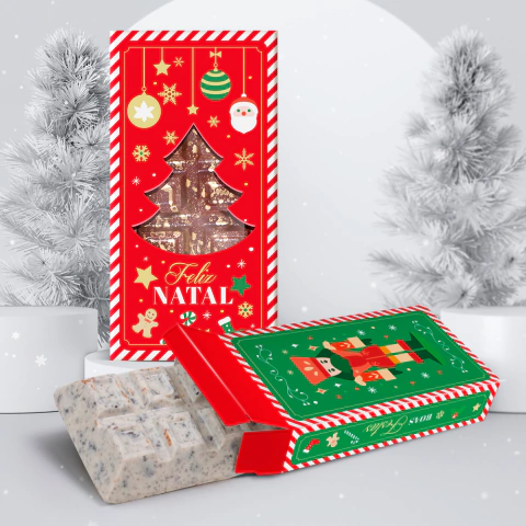 5 uni de Embalagem Barra Recheada 300g com Visor Design Felicidade - Natal 5 uni de Embalagem Barra Recheada 300g com Visor Design Felicidade - Natal