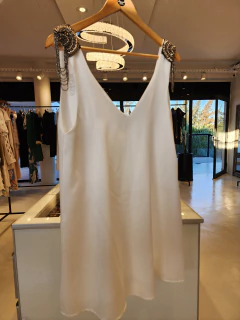 Vestido Camerón satén con charreteras blanco