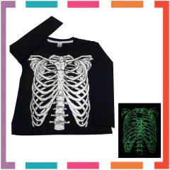 Remera ML GLOW que BRILLA en la oscuridad 100% algodón peinado premium ESQUELETO