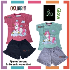 PIJAMA VERANO UNICORNIO REMERA + SHORT ESTAMPA GLOW QUE BRILLA EN OSCURIDAD ALGODÓN