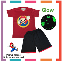 Pijama Verano MARIO Remera + Short estampa GLOW que BRILLA en la oscuridad 100% algodón peinado premium - comprar online