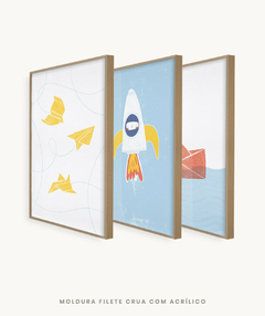 Conjunto com 3 Quadros Decorativos - Avião Papel + Foguete + Barco Papel - loja online