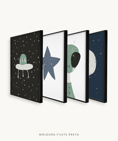 Conjunto com 4 Quadros Decorativos - Nave Espacial + Estrela Cadente + ET + Lua Cheia