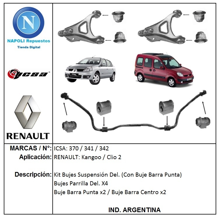 Bujes Kit Renault Kangoo (Con Buje de Punta Barra - 8p) - ICSA 1002