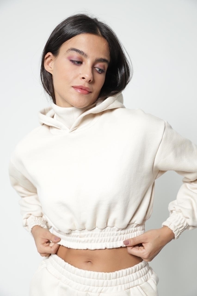 beige cropped moletom com capuz