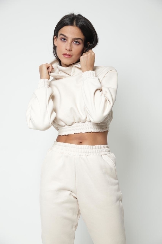 beige cropped moletom com capuz