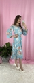 Vestido godê microtule floral azul Mirela moda evangélica