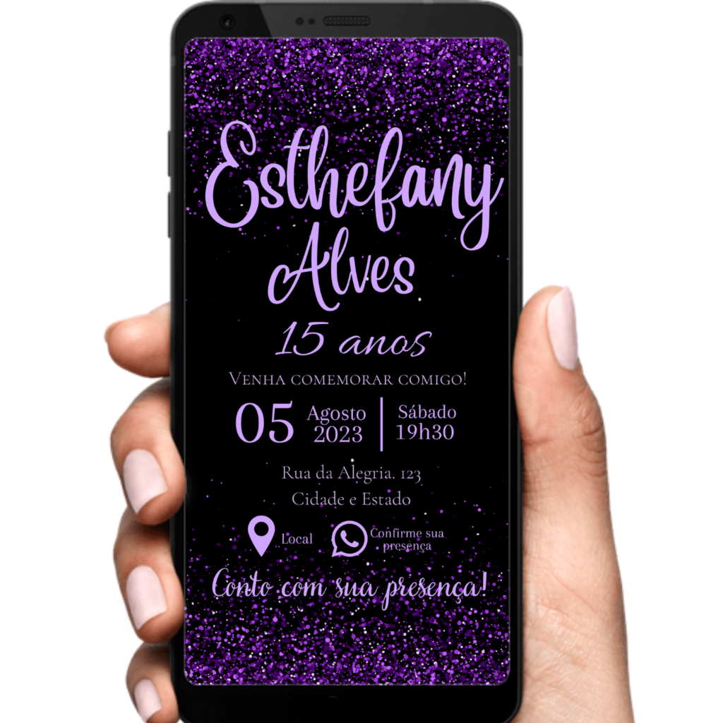 Convite digital interativo aniversário Glitter brilho roxo lilás