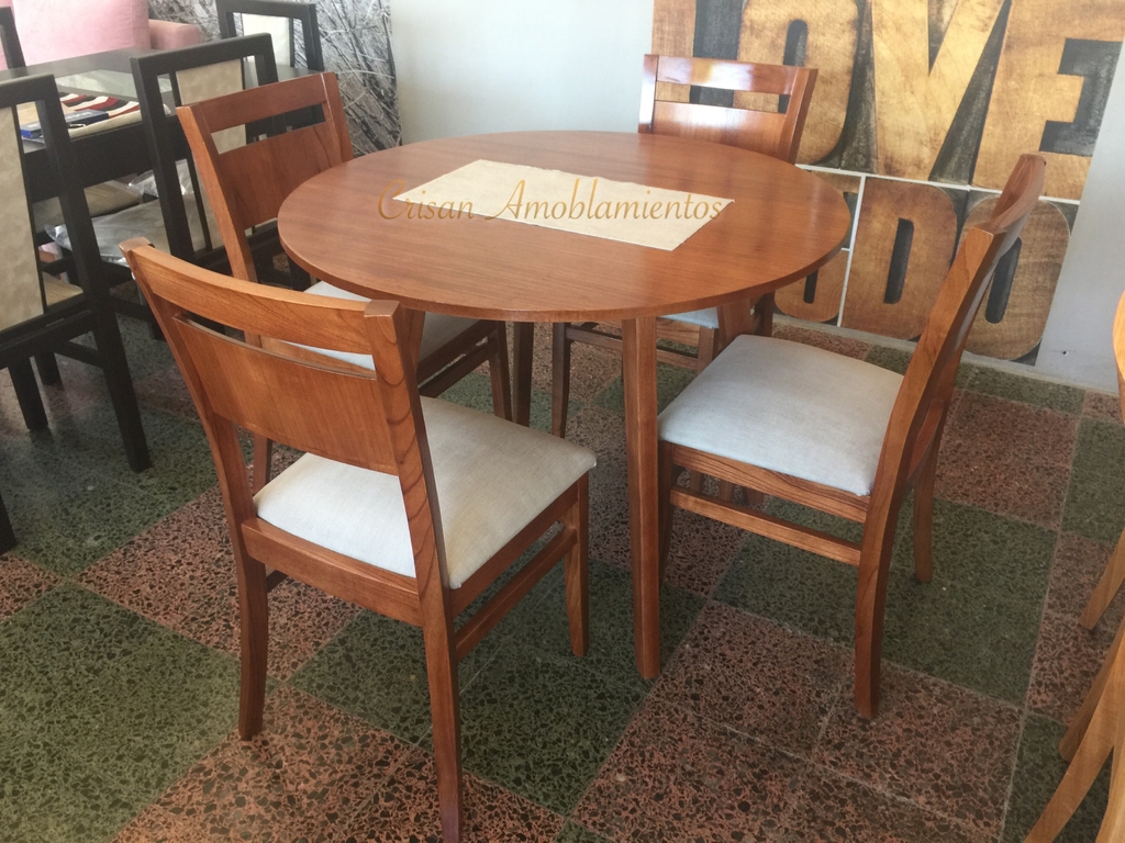 Juego de mesa redonda + 4 sillas Mod.Vanesa madera maciza paraiso,tela a  elección.
