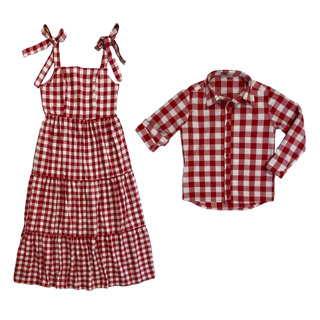 Kit Vestido Midi e camisa - Xadrez vermelho| Tal mãe, tal filho (duas  peças) |Fazendinha