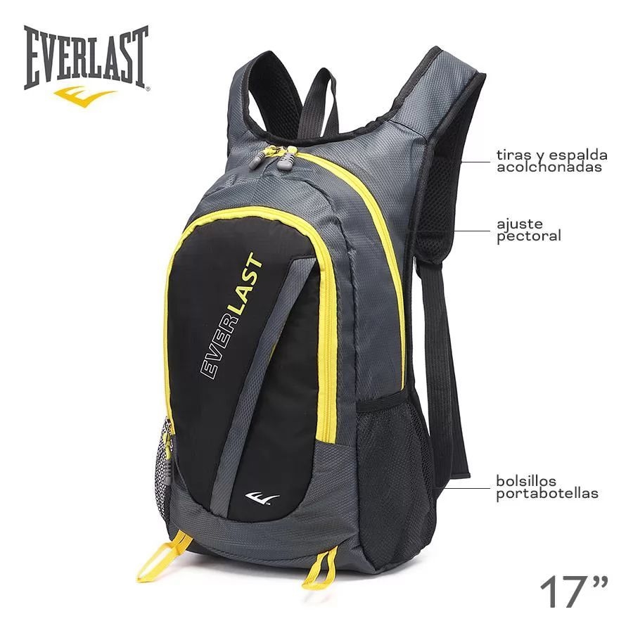 Everlast Mochila Running Negra Gris y Detalles Amarillos
