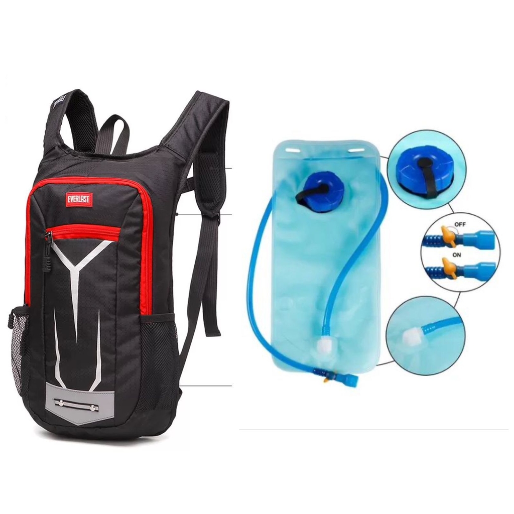 COMBO 6 Mochila + Vejiga 2L Everlast Mochila Running Negra , Blanco y  Detalle Rojo