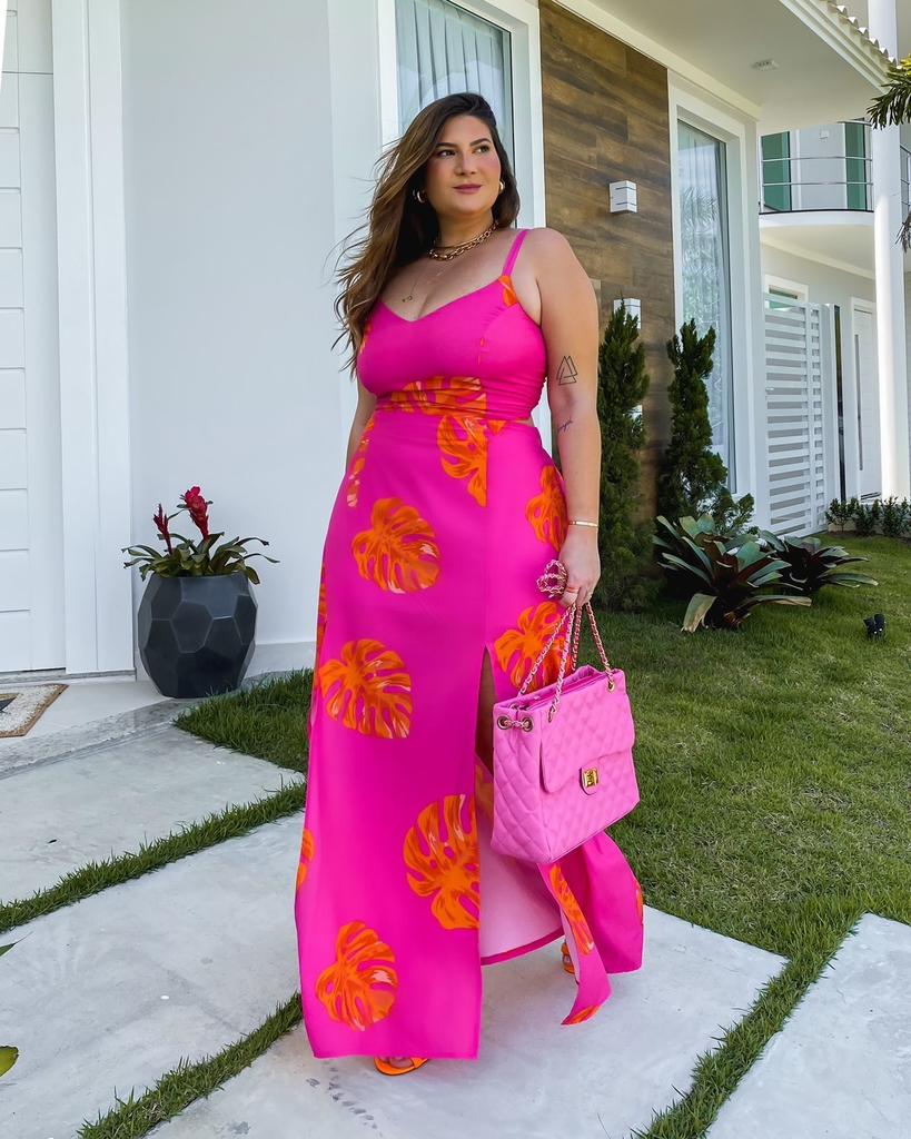 Vestido Longo Fenda Dupla Estampado Laranja e Pink Viva la Vida