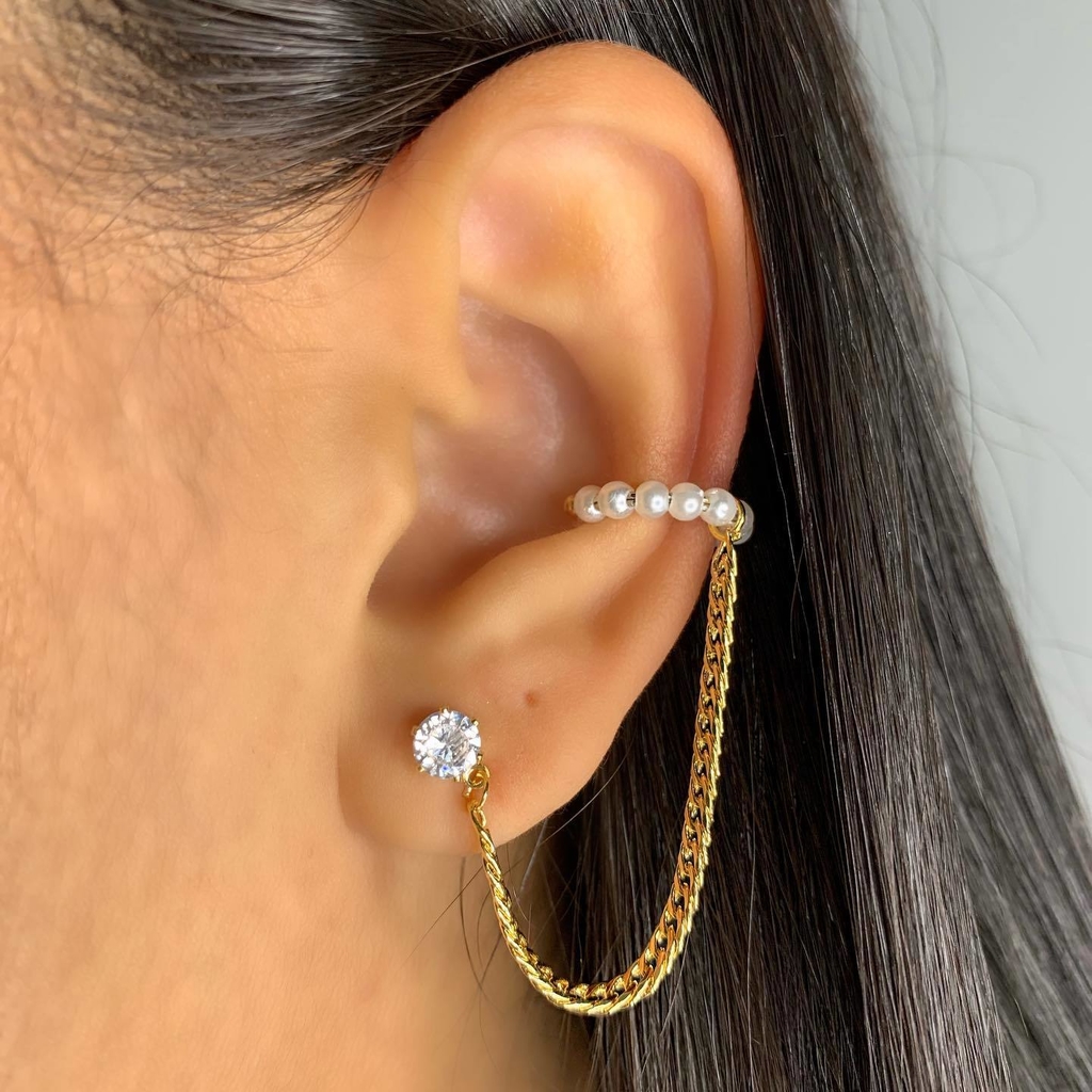 Brinco Piercing Fake Ear Cuff com correntes folheado ouro 18k Semi Joia .(PAR)