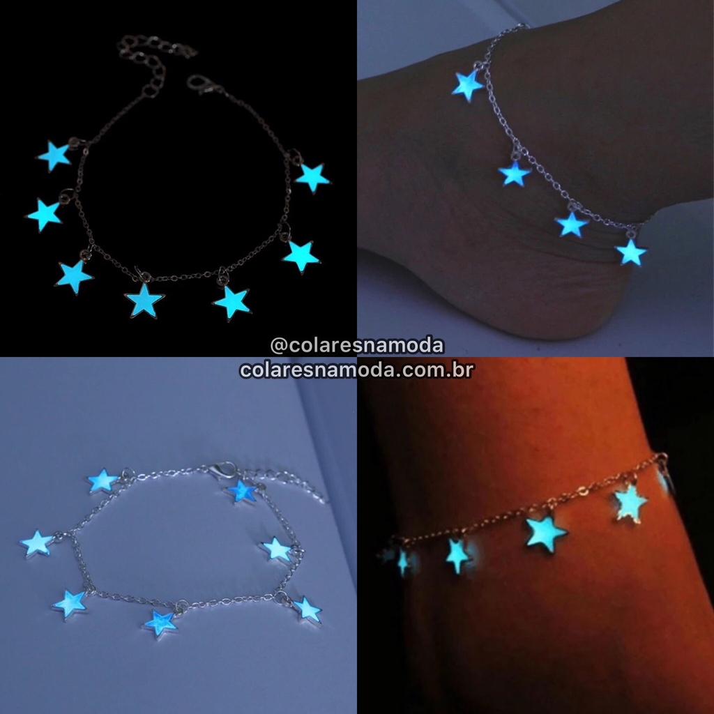 Pulseira/Tornozeleira com Estrelas Fluorescentes no Escuro - banhada a  Prata 925 - Regulável