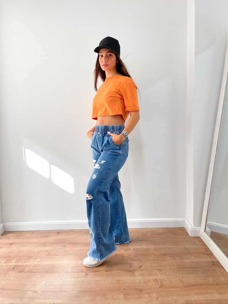 wide leg (pantalona jeans) com elástico na cintura