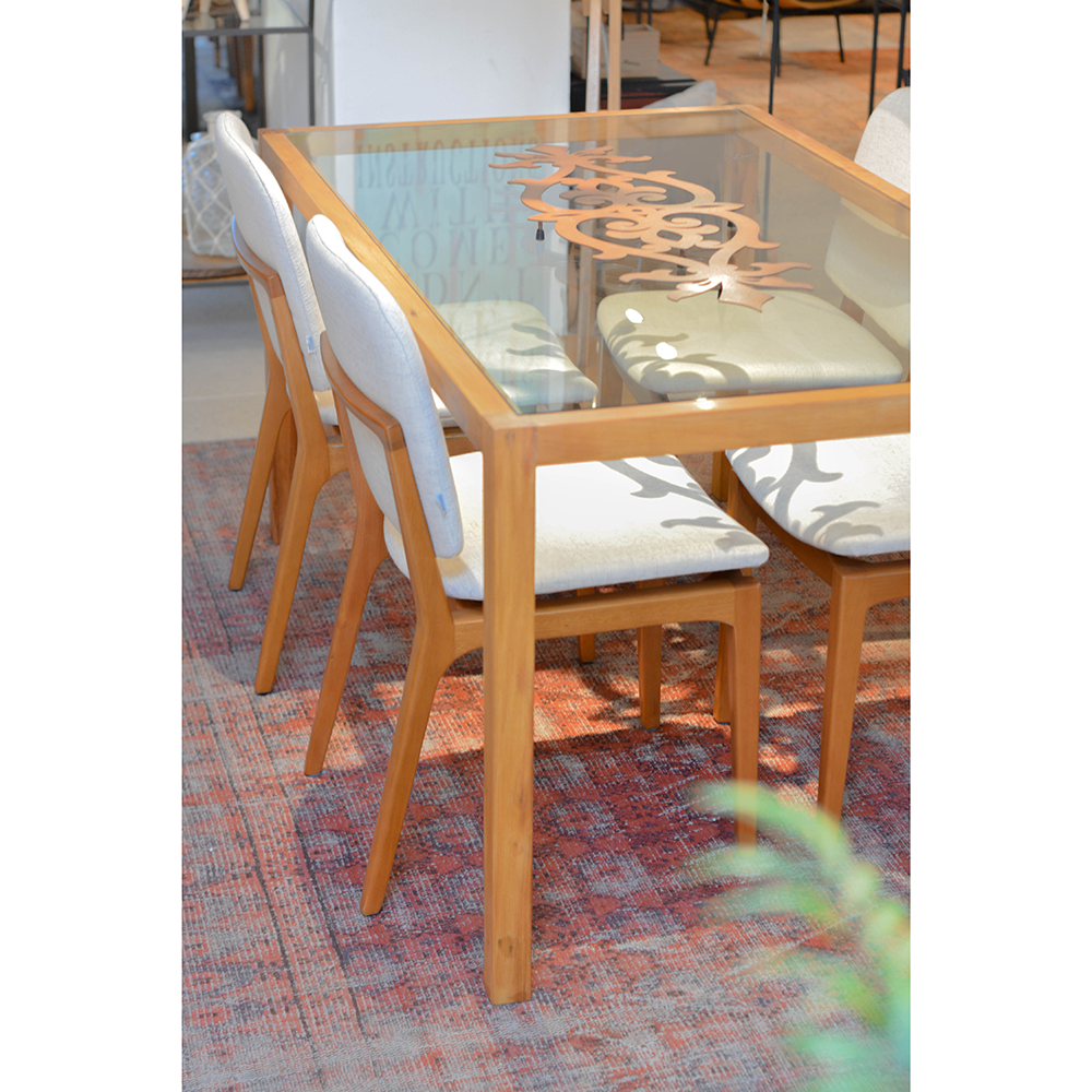 Mesa de jantar vidro. Mesa sala de jantar tampo vidro e base madeira