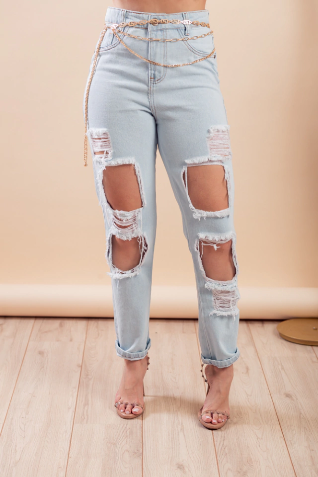 Calça Jeans Claro Feminina Cintura Alta Destroyed - Loja Platô