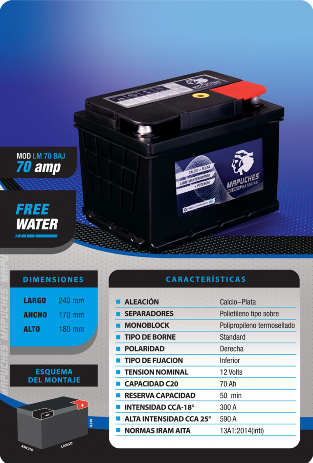 Batería 12v x 70 amperes - L.M B - Baterías Mapuches