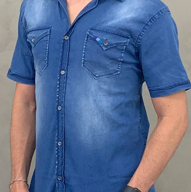 camisa jeans infantil masculina manga curta