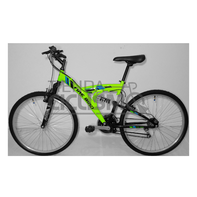 Bicicleta MTB Fire Bird Magic Doble Suspensión Rodado 26 Acero (Verde fluo  y Negro)