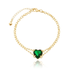 Pulseira com corrente dupla e pedra natural verde esmeralda com design de coração banhada em ouro 18k