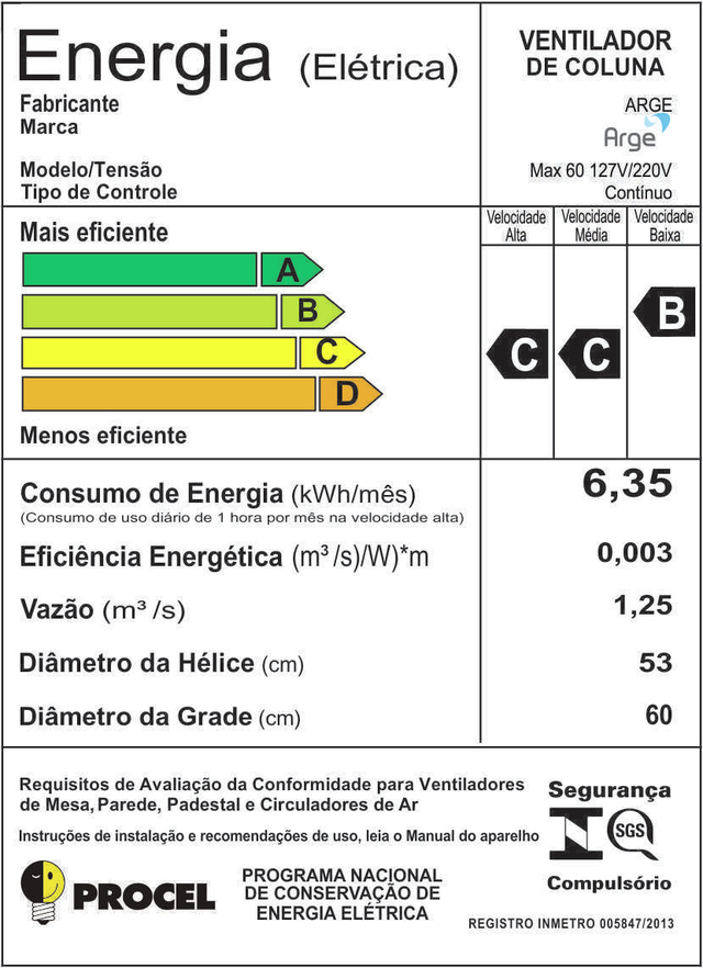 Ventilador Oscilante De Coluna Arge Max 60cm Bivolt 200w