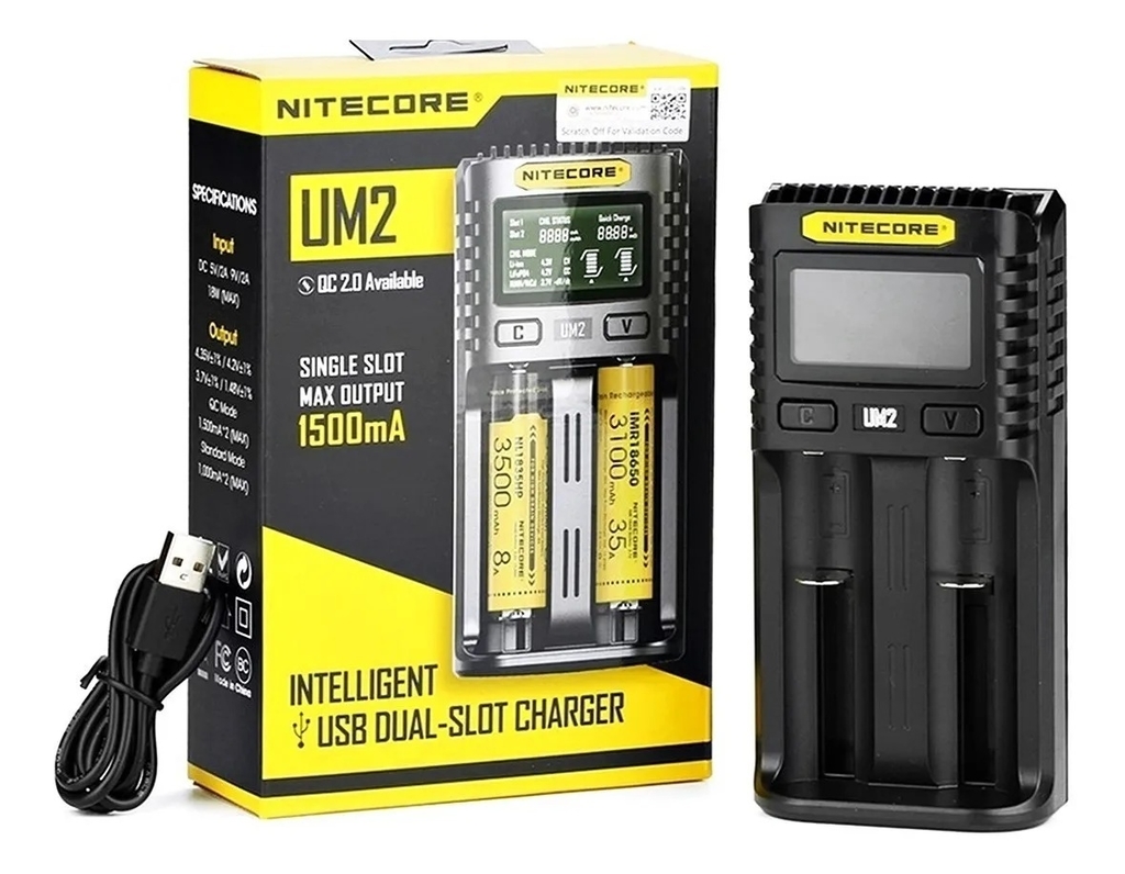 Carregador De Baterias/Pilhas Nitecore UM2, Carrega baterias Li-on,  LifePo4, Nicd e outras (universal)
