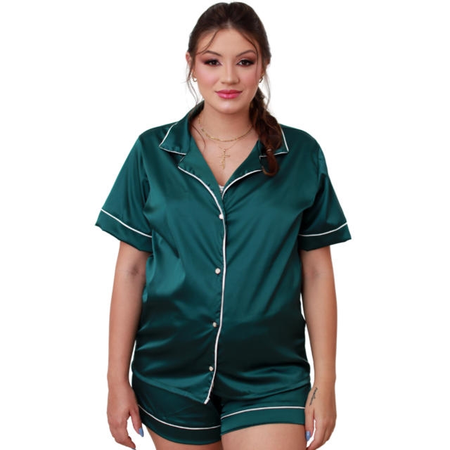 Pijama Americano no cetim Verde - ANNA ROSA LINGERIE