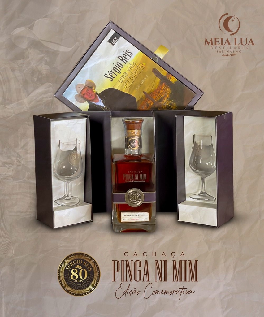 Box Comemorativo Cachaça Pinga Ni Mim Extra Premium Serjão 80 anos