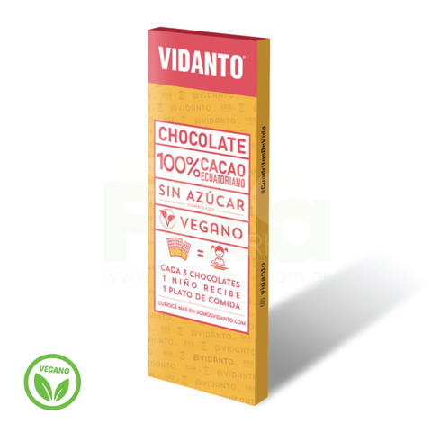 Chocolate Sin Azúcar 100% cacao ecuatoriano Vidanto 60g