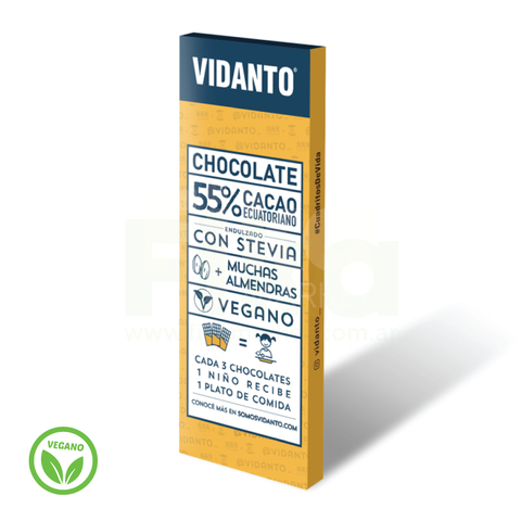 Chocolate Sin Azúcar 55% Cacao Endulzado con Stevia y Almendras Vidanto 60g