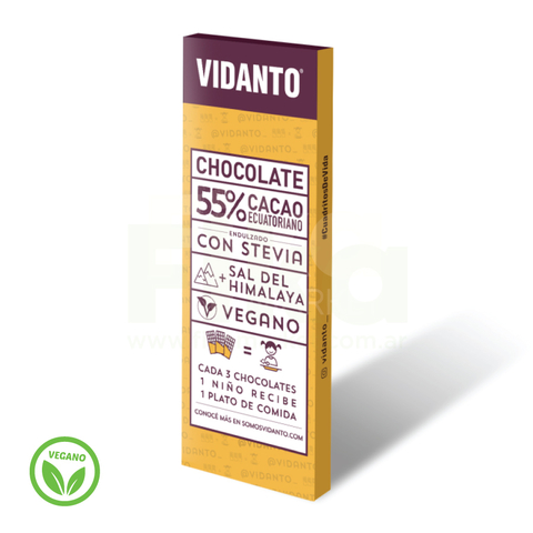 Chocolate Sin Azúcar 55% Cacao Endulzado con Stevia y Sal del Himalaya Vidanto 60g