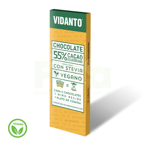 Chocolate Sin Azúcar 55% Cacao Ecuatoriano Endulzado con Stevia Vidanto 60g