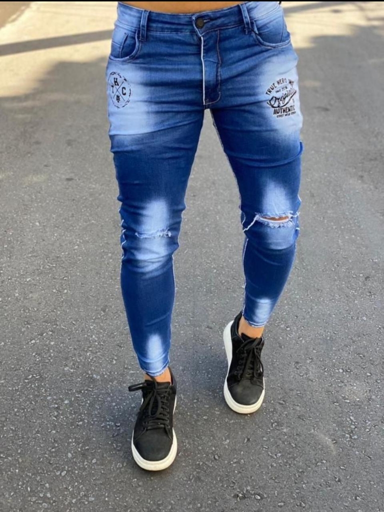 Calça Jeans Masculina Skinny Detroyed Com Elastano